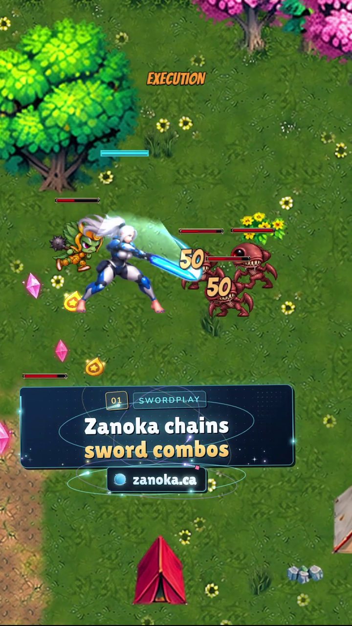 The ZANOKA Short: Zanoka cuts through a wave of enemies, with the caption Zanoka chains sword combos